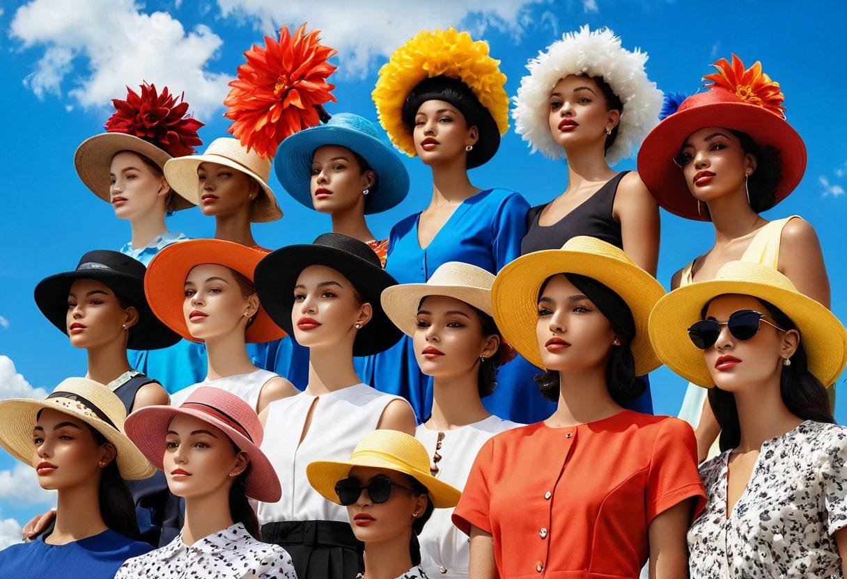 A vibrant and stylish display of diverse headwear, showcasing various hats and caps on a mannequin in a lively outdoor setting. The background features a bright blue sky adorned with fluffy clouds, while models of different ethnicities demonstrate casual yet cheerful expressions. Include colorful flowers and sunny accents to enhance the cheerful vibe. super-realistic. vibrant colors. outdoor setting.