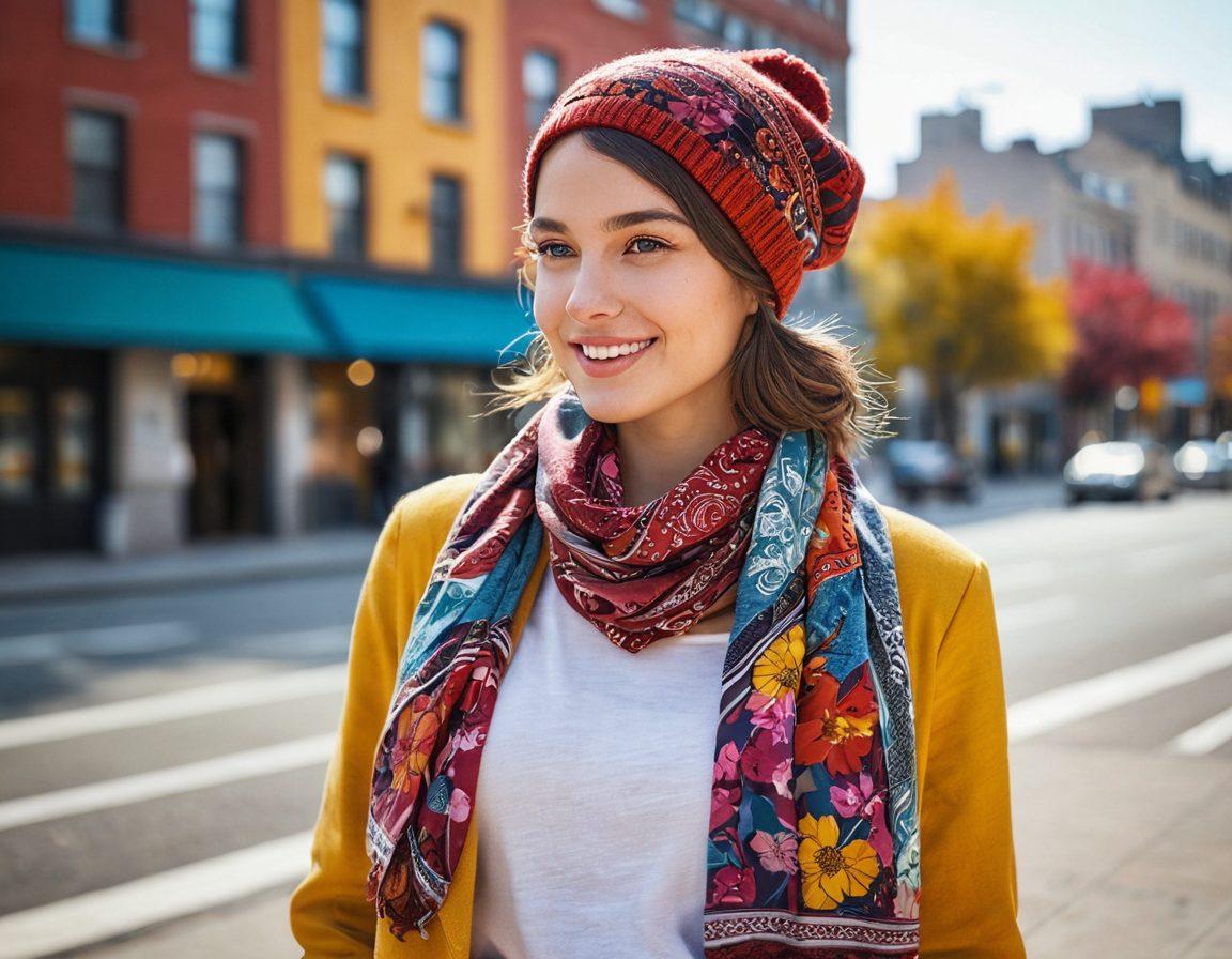 A fashionable young woman wearing a variety of trendy headwear, including a chic wide-brimmed hat, a colorful beanie, and an elegant headscarf, set against a bright, lively city backdrop. The scene is energizing, with fun patterns and textures in her clothing, reflecting a joyful style. Include playful elements like flowers and sunshine to convey a seasonal vibe. vibrant colors. super-realistic.