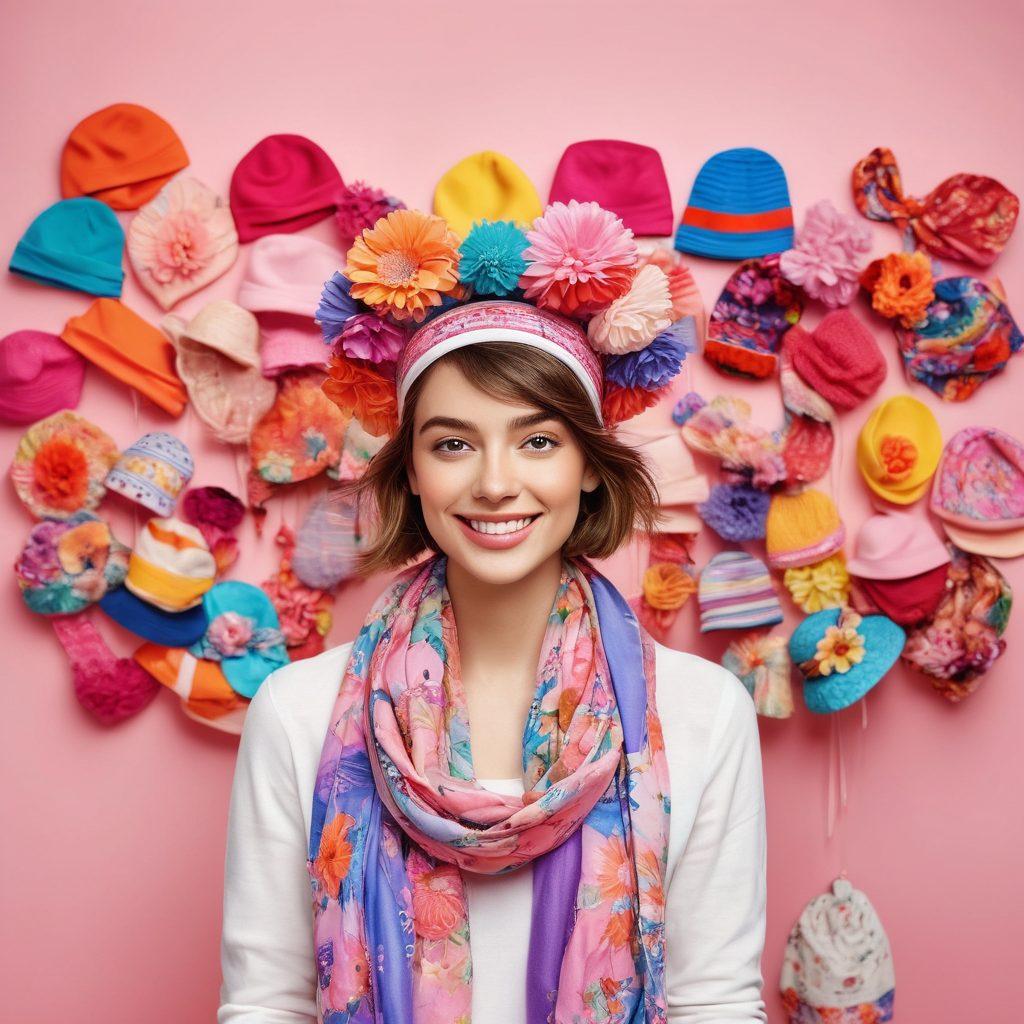 A vibrant fashionista joyfully trying on a variety of stylish headgear, surrounded by colorful hats, headbands, and scarves, with a bright, cheerful background filled with pastel colors and floral patterns. The scene conveys a sense of happiness and playful experimentation with fashion. super-realistic. vibrant colors. white background.